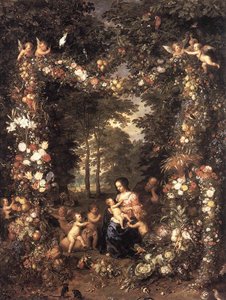 花と果実の花輪の神聖な家族 作： Jan the Elder Brueghel
